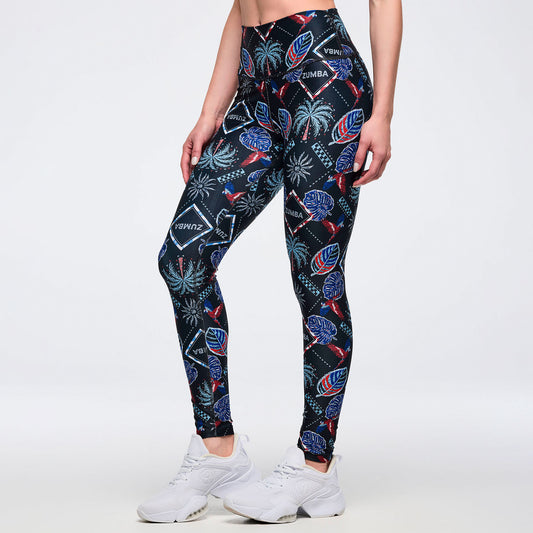 Latin Movement High Waisted Ankle Leggings - Blue/Red