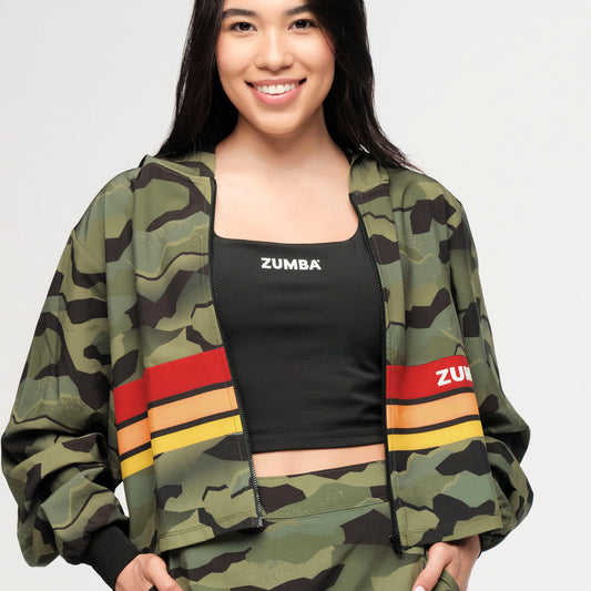 Zumba® Explore Crop Woven Zip-Up Hoodie - Olive Expedition