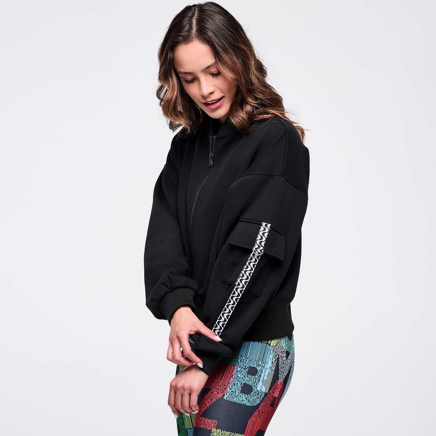 Latin Movement Drop Shoulder Zip-Up Jacket